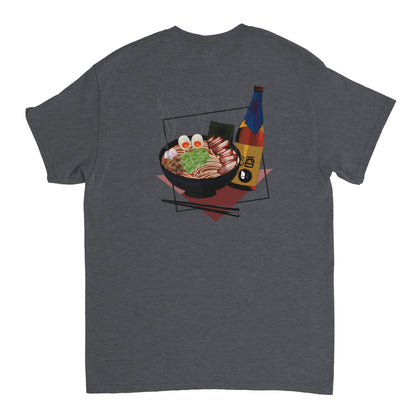 Dark heather coloured t-shirt featuring a print of a steaming bowl of ramen with eggs, seaweed, and slices of meat, accompanied by a bottle of sake and chopsticks, set on a red geometric background.