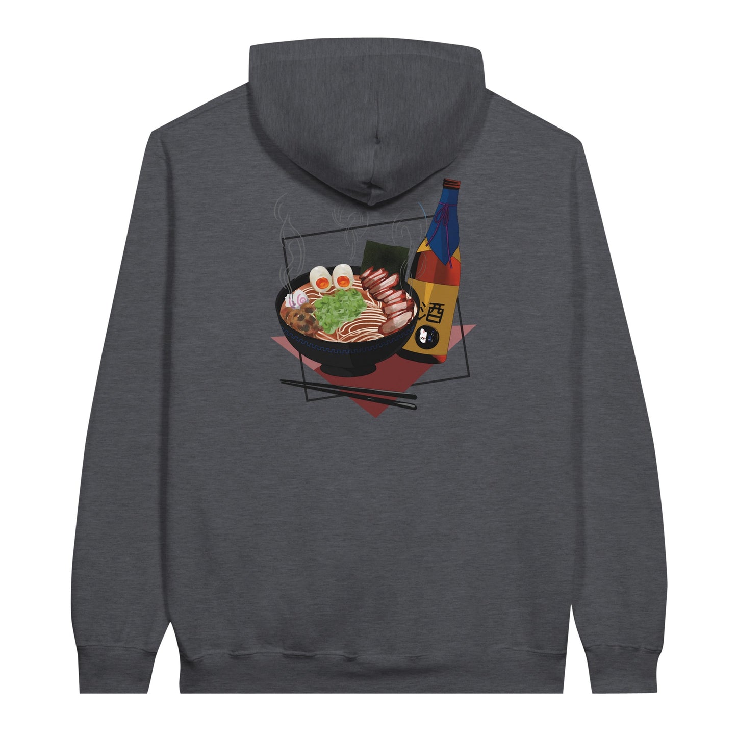 Dark heather coloured value hoodie featuring a print of a steaming bowl of ramen with eggs, seaweed, and slices of meat, accompanied by a bottle of sake and chopsticks, set on a red geometric background.