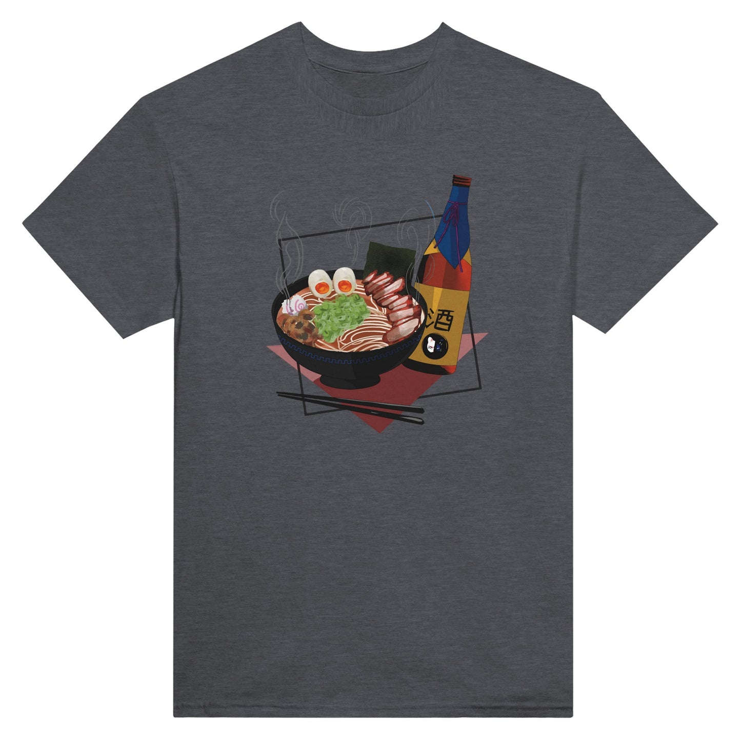 Dark heather coloured t-shirt featuring a print of a steaming bowl of ramen with eggs, seaweed, and slices of meat, accompanied by a bottle of sake and chopsticks, set on a red geometric background.