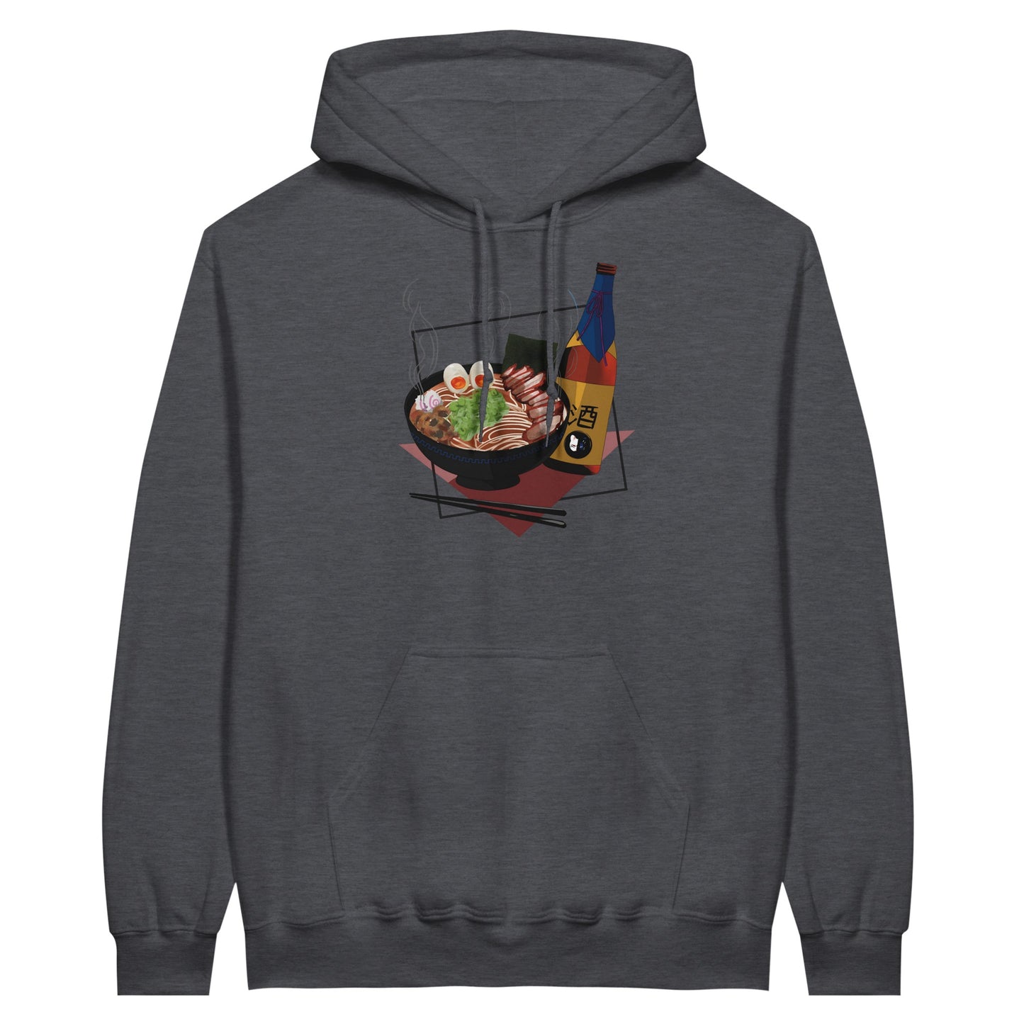 Dark heather coloured value hoodie featuring a print of a steaming bowl of ramen with eggs, seaweed, and slices of meat, accompanied by a bottle of sake and chopsticks, set on a red geometric background.