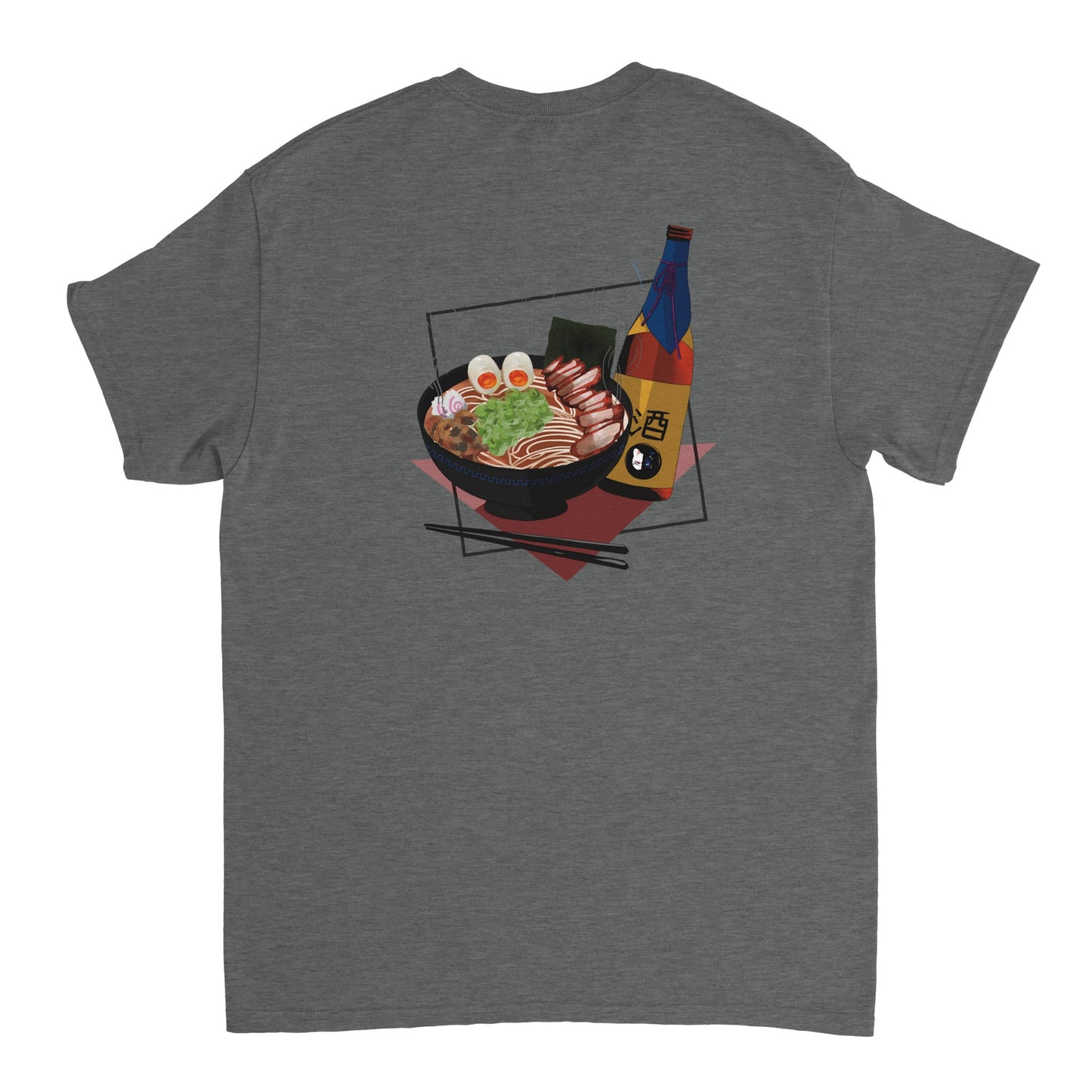 Graphite heather coloured t-shirt featuring a print of a steaming bowl of ramen with eggs, seaweed, and slices of meat, accompanied by a bottle of sake and chopsticks, set on a red geometric background.