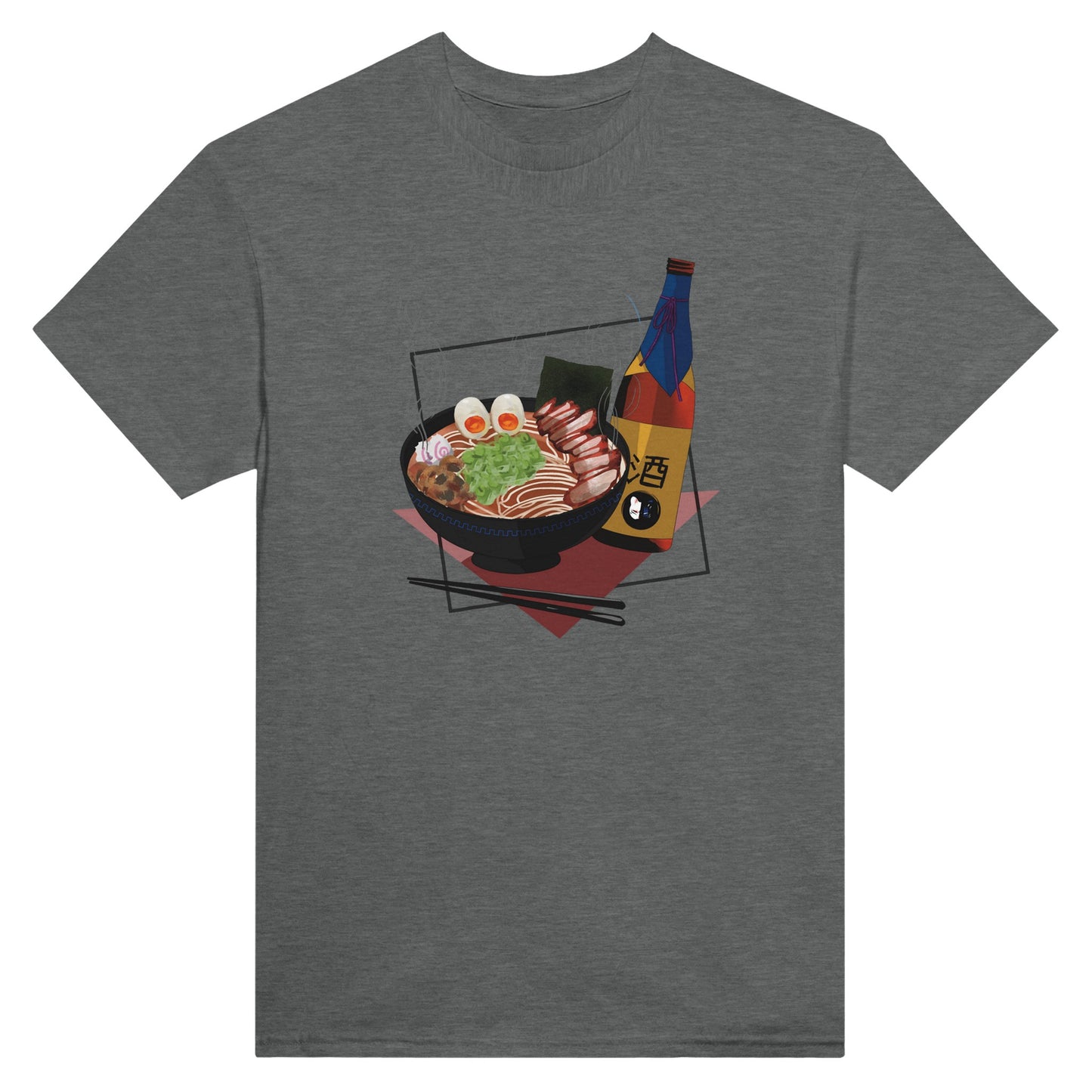 Graphite heather coloured t-shirt featuring a print of a steaming bowl of ramen with eggs, seaweed, and slices of meat, accompanied by a bottle of sake and chopsticks, set on a red geometric background.