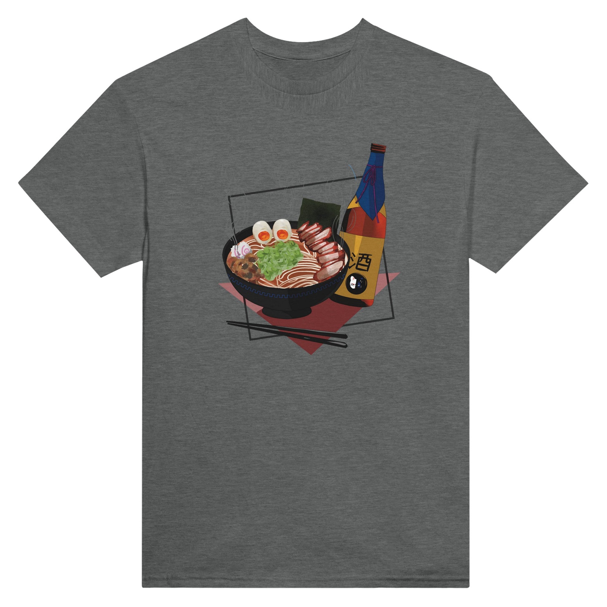 Graphite heather coloured t-shirt featuring a print of a steaming bowl of ramen with eggs, seaweed, and slices of meat, accompanied by a bottle of sake and chopsticks, set on a red geometric background.