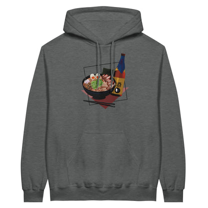 Graphite heather coloured value hoodie featuring a print of a steaming bowl of ramen with eggs, seaweed, and slices of meat, accompanied by a bottle of sake and chopsticks, set on a red geometric background.