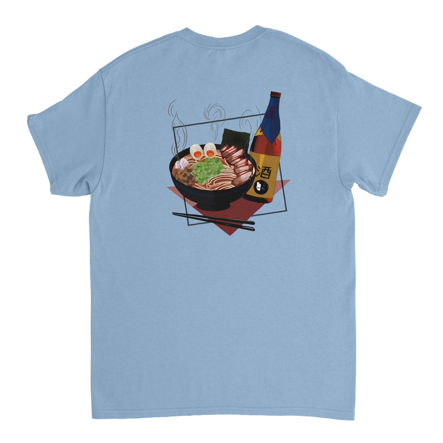 Light blue t-shirt featuring a print of a steaming bowl of ramen with eggs, seaweed, and slices of meat, accompanied by a bottle of sake and chopsticks, set on a red geometric background.