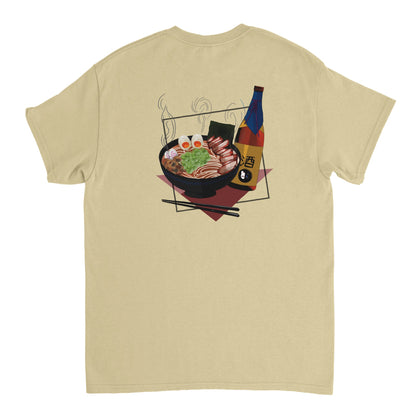 Natural coloured t-shirt featuring a print of a steaming bowl of ramen with eggs, seaweed, and slices of meat, accompanied by a bottle of sake and chopsticks, set on a red geometric background.