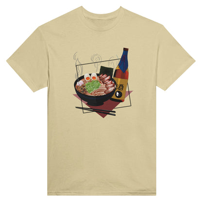 Natural coloured t-shirt featuring a print of a steaming bowl of ramen with eggs, seaweed, and slices of meat, accompanied by a bottle of sake and chopsticks, set on a red geometric background.