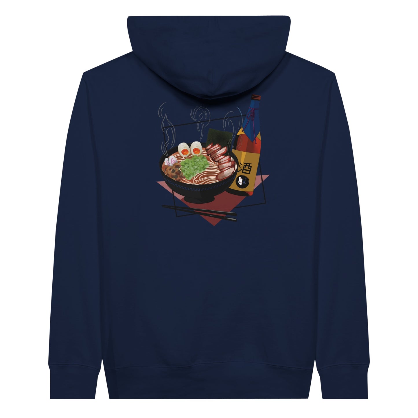  Navy premium hoodie featuring a print of a steaming bowl of ramen with eggs, seaweed, and slices of meat, accompanied by a bottle of sake and chopsticks, set on a red geometric background.