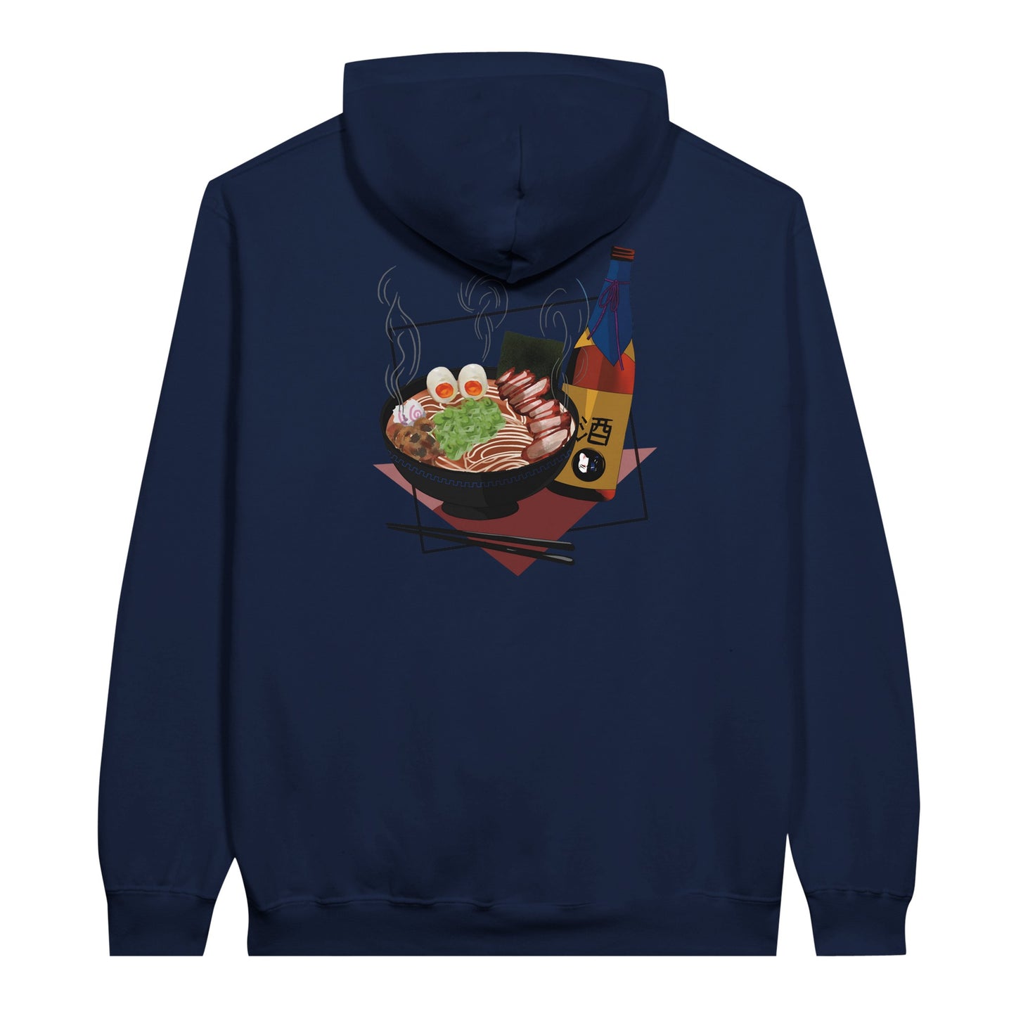 Navy value hoodie featuring a print of a steaming bowl of ramen with eggs, seaweed, and slices of meat, accompanied by a bottle of sake and chopsticks, set on a red geometric background.