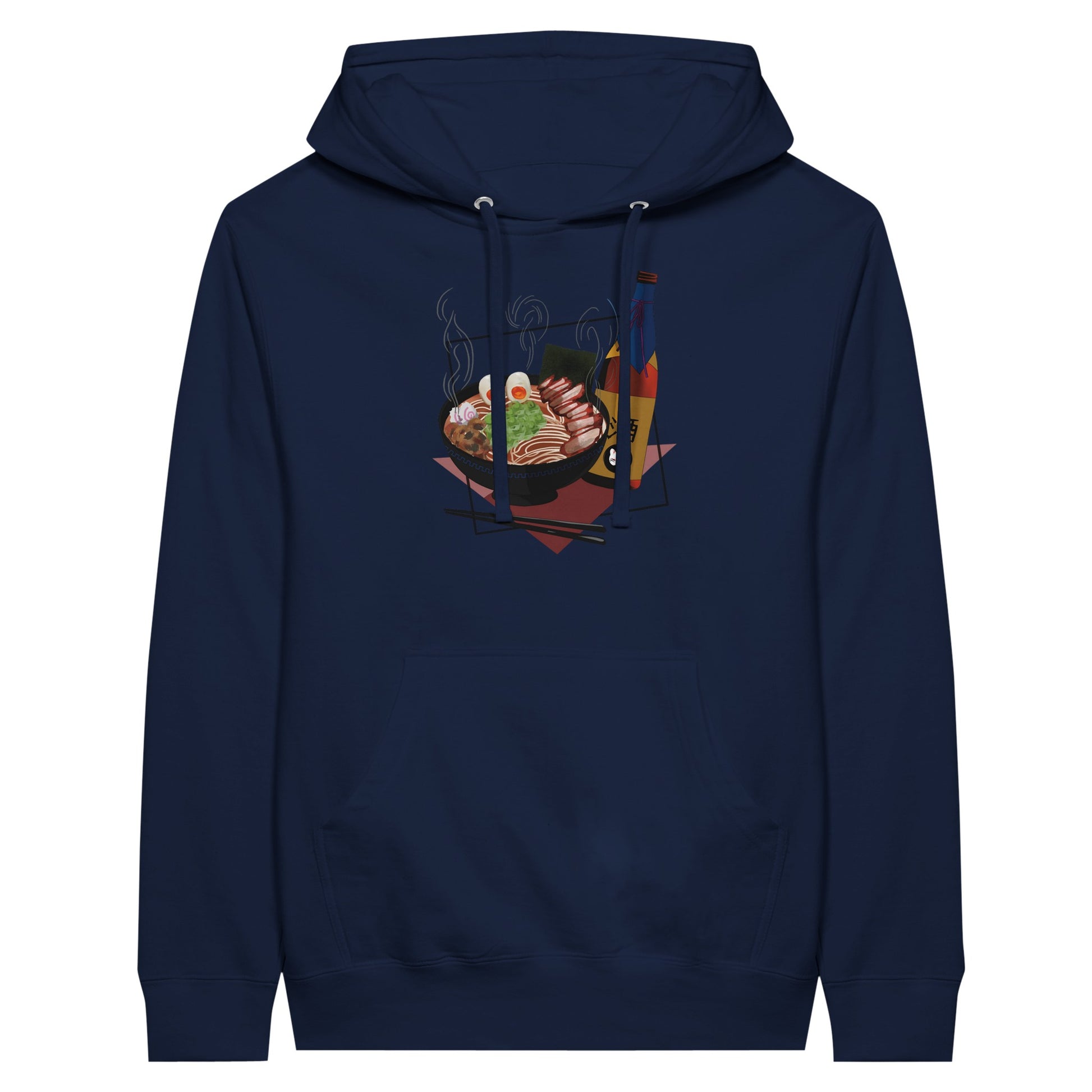 Navy premium hoodie featuring a print of a steaming bowl of ramen with eggs, seaweed, and slices of meat, accompanied by a bottle of sake and chopsticks, set on a red geometric background.