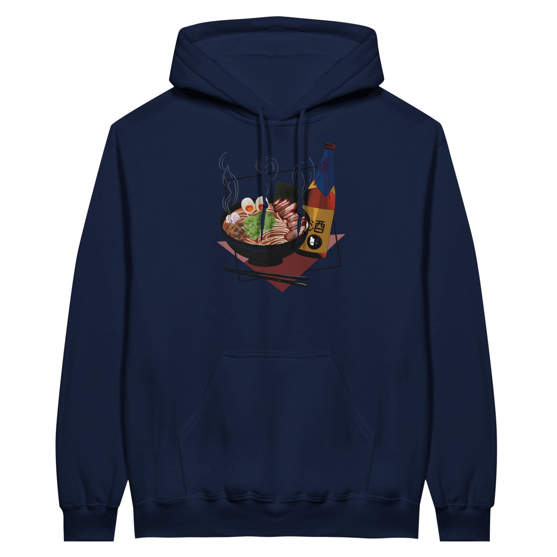 Navy value hoodie featuring a print of a steaming bowl of ramen with eggs, seaweed, and slices of meat, accompanied by a bottle of sake and chopsticks, set on a red geometric background.