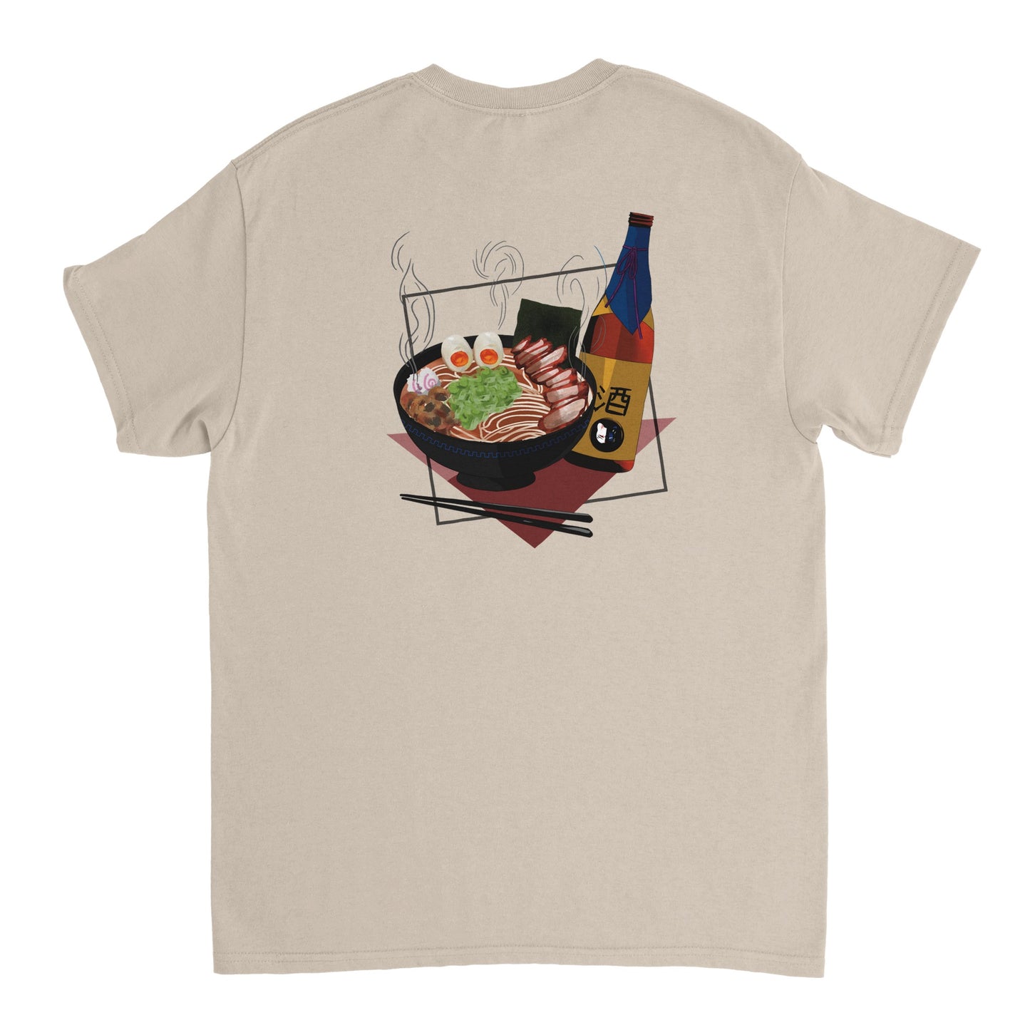 Sand coloured t-shirt featuring a print of a steaming bowl of ramen with eggs, seaweed, and slices of meat, accompanied by a bottle of sake and chopsticks, set on a red geometric background.