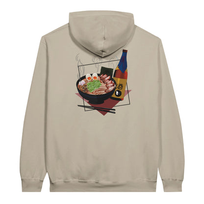 Sand coloured value hoodie featuring a print of a steaming bowl of ramen with eggs, seaweed, and slices of meat, accompanied by a bottle of sake and chopsticks, set on a red geometric background.