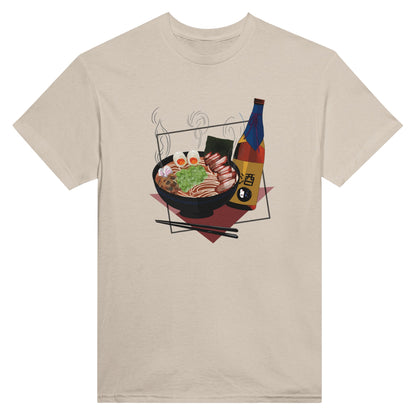 Sand coloured t-shirt featuring a print of a steaming bowl of ramen with eggs, seaweed, and slices of meat, accompanied by a bottle of sake and chopsticks, set on a red geometric background.