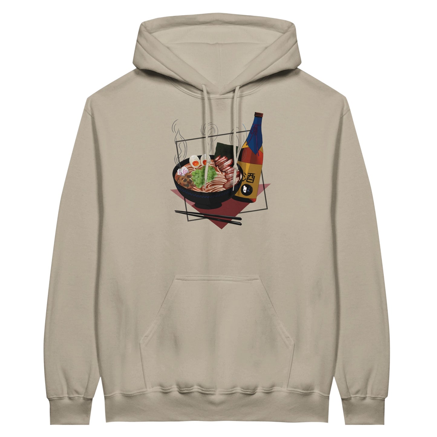 Sand coloured value hoodie featuring a print of a steaming bowl of ramen with eggs, seaweed, and slices of meat, accompanied by a bottle of sake and chopsticks, set on a red geometric background.