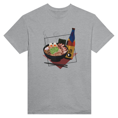 Sports grey coloured t-shirt featuring a print of a steaming bowl of ramen with eggs, seaweed, and slices of meat, accompanied by a bottle of sake and chopsticks, set on a red geometric background.