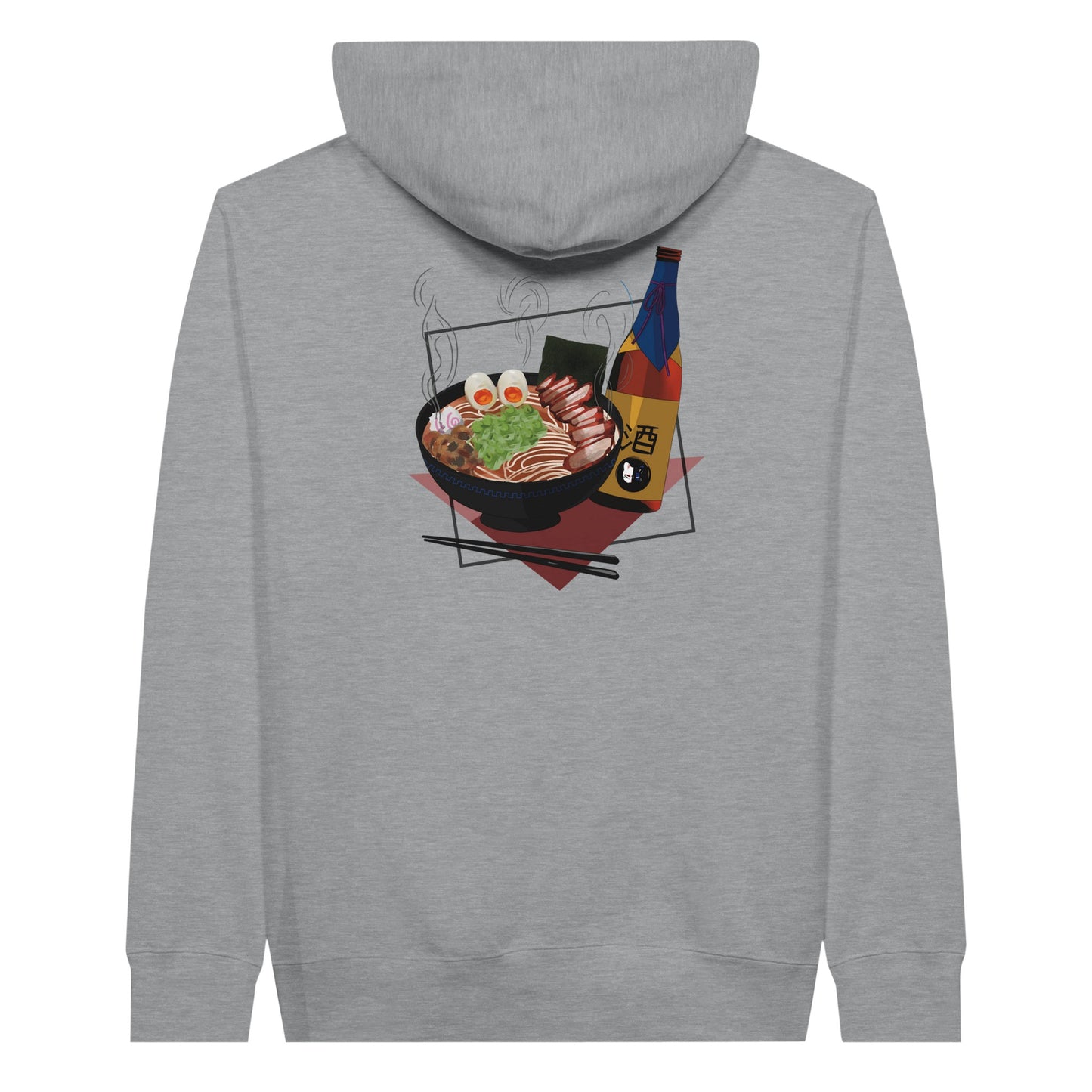 Sports grey coloured premium hoodie featuring a print of a steaming bowl of ramen with eggs, seaweed, and slices of meat, accompanied by a bottle of sake and chopsticks, set on a red geometric background.