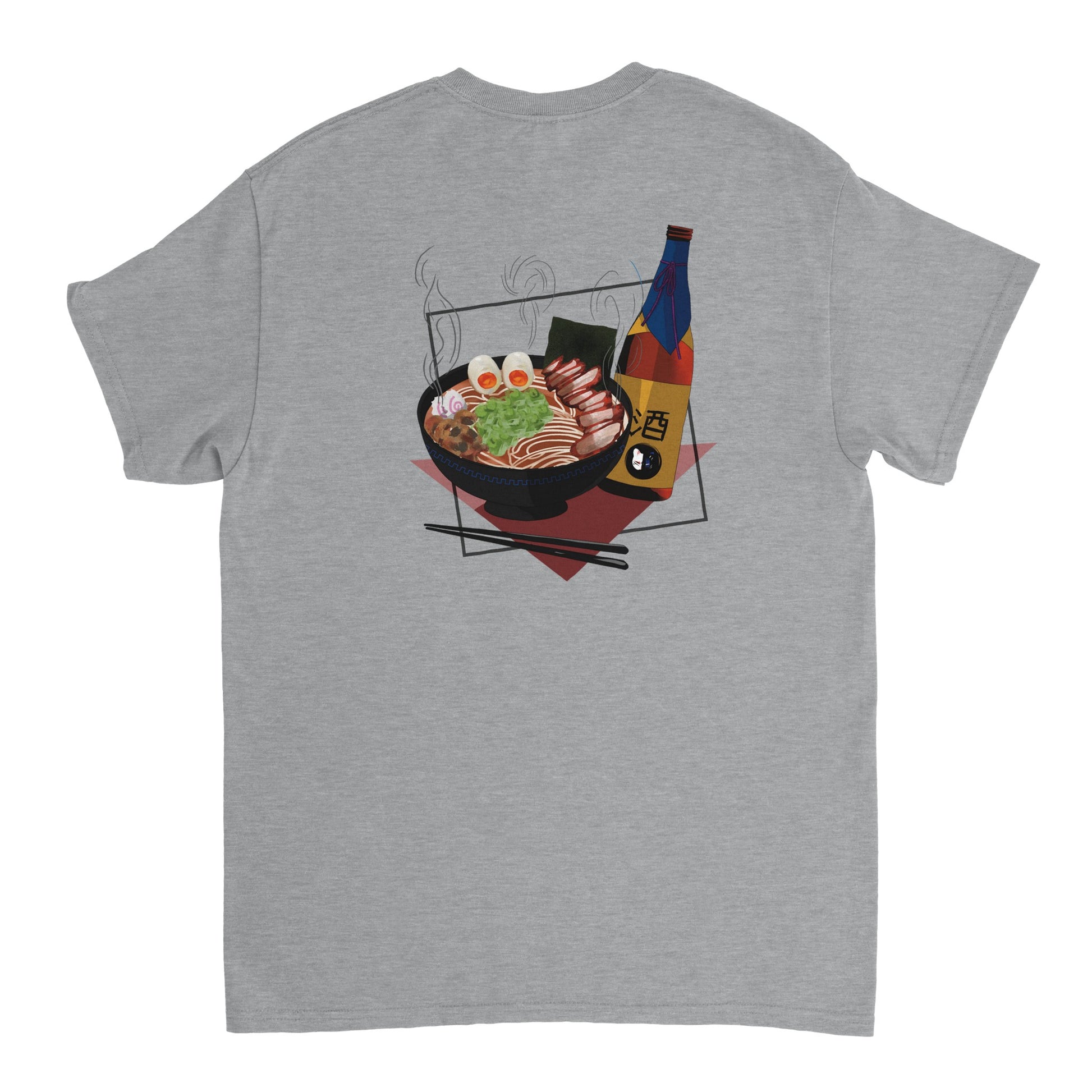 Sports grey coloured t-shirt featuring a print of a steaming bowl of ramen with eggs, seaweed, and slices of meat, accompanied by a bottle of sake and chopsticks, set on a red geometric background.