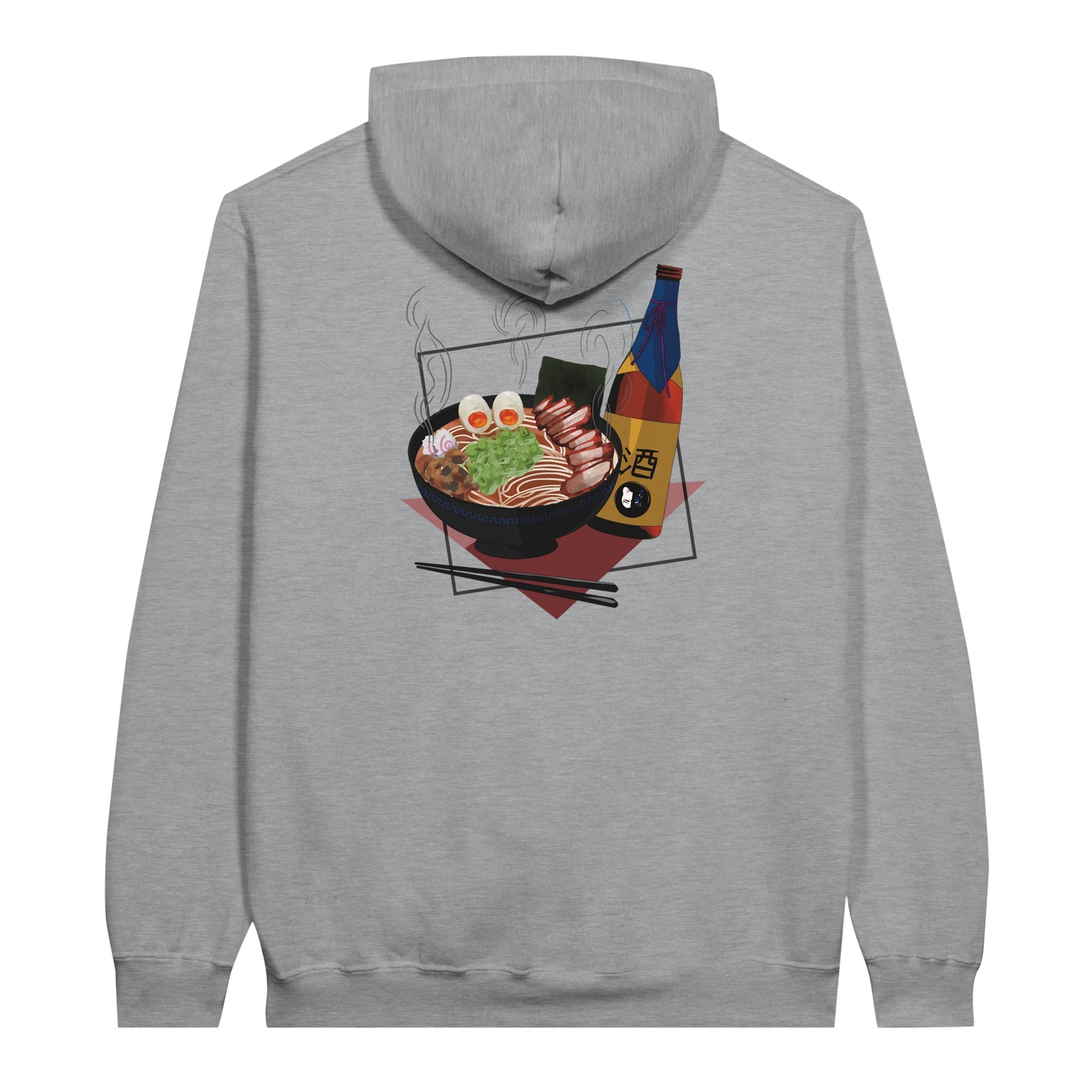 Sports grey coloured value hoodie featuring a print of a steaming bowl of ramen with eggs, seaweed, and slices of meat, accompanied by a bottle of sake and chopsticks, set on a red geometric background.