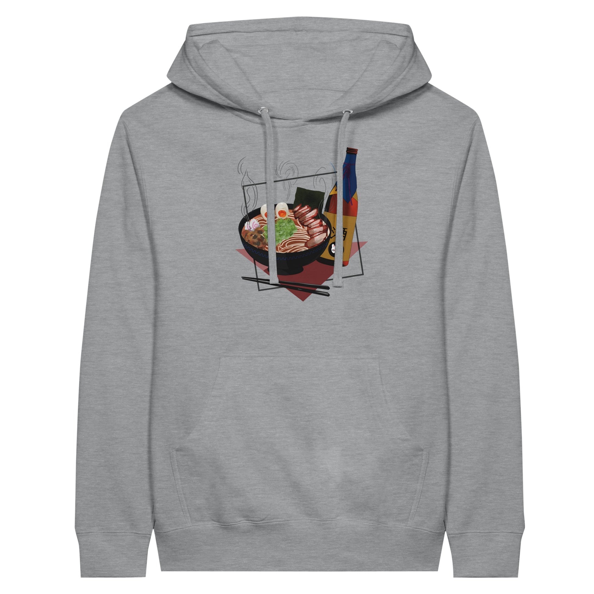 Sports grey coloured premium hoodie featuring a print of a steaming bowl of ramen with eggs, seaweed, and slices of meat, accompanied by a bottle of sake and chopsticks, set on a red geometric background.