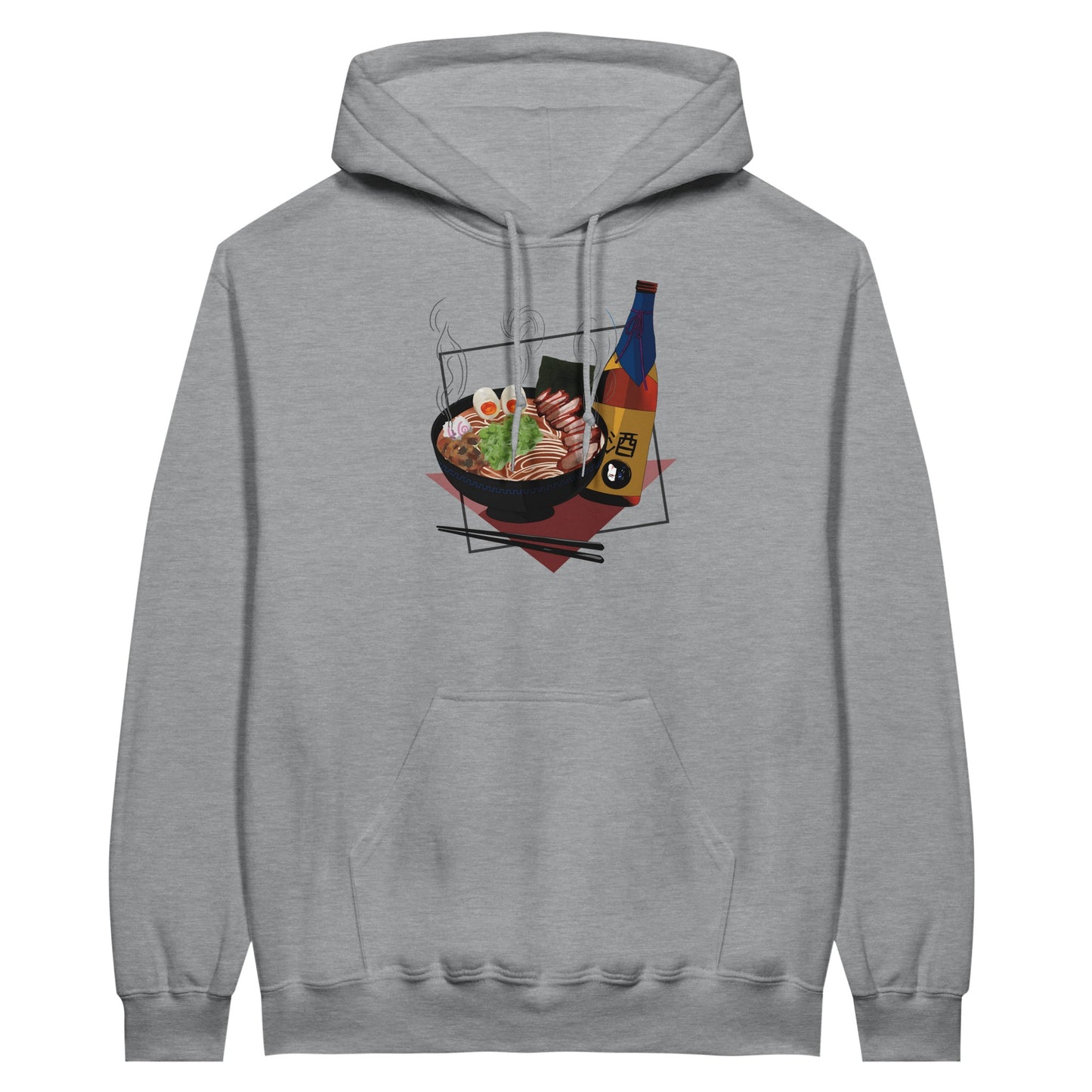 Sports grey coloured value hoodie featuring a print of a steaming bowl of ramen with eggs, seaweed, and slices of meat, accompanied by a bottle of sake and chopsticks, set on a red geometric background.