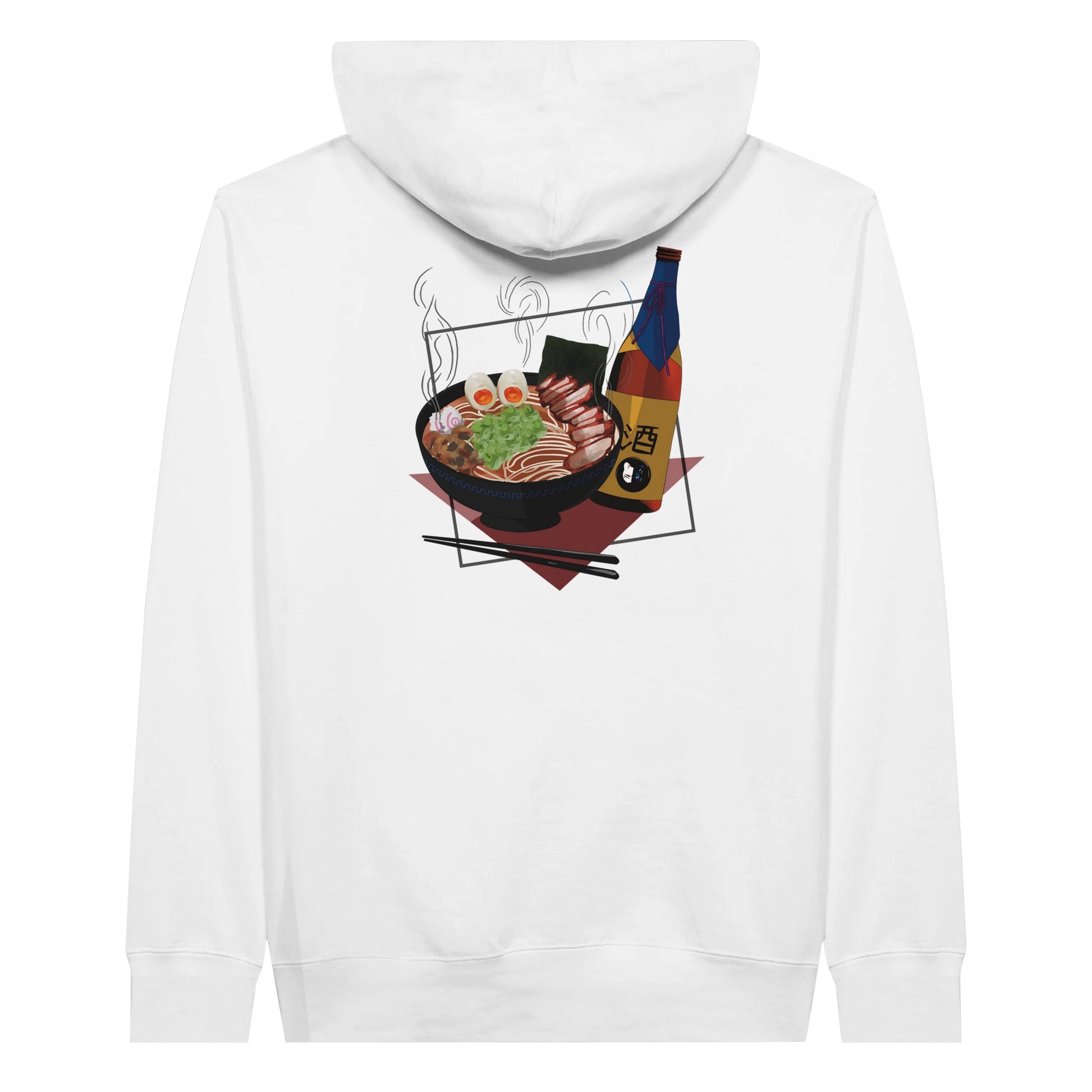 White premium hoodie featuring a print of a steaming bowl of ramen with eggs, seaweed, and slices of meat, accompanied by a bottle of sake and chopsticks, set on a red geometric background.