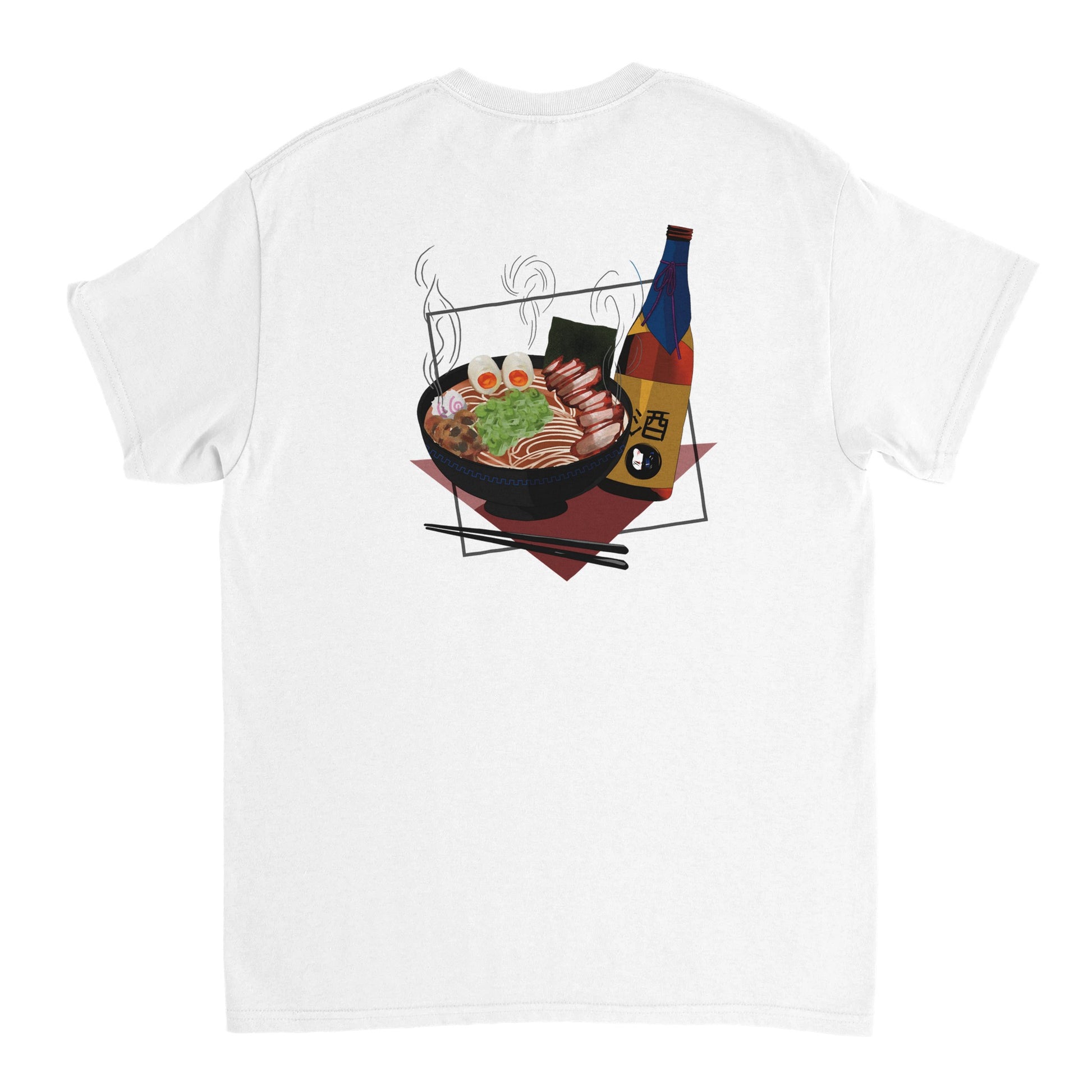 White t-shirt featuring a print of a steaming bowl of ramen with eggs, seaweed, and slices of meat, accompanied by a bottle of sake and chopsticks, set on a red geometric background.