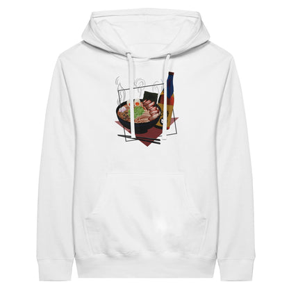 White premium hoodie featuring a print of a steaming bowl of ramen with eggs, seaweed, and slices of meat, accompanied by a bottle of sake and chopsticks, set on a red geometric background.