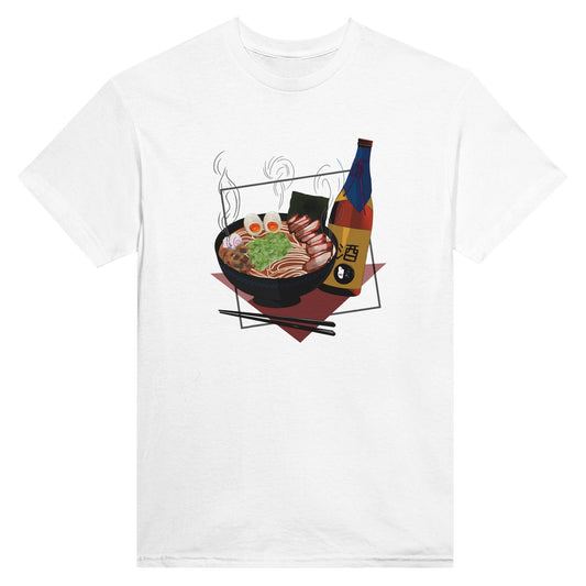 White t-shirt featuring a print of a steaming bowl of ramen with eggs, seaweed, and slices of meat, accompanied by a bottle of sake and chopsticks, set on a red geometric background.