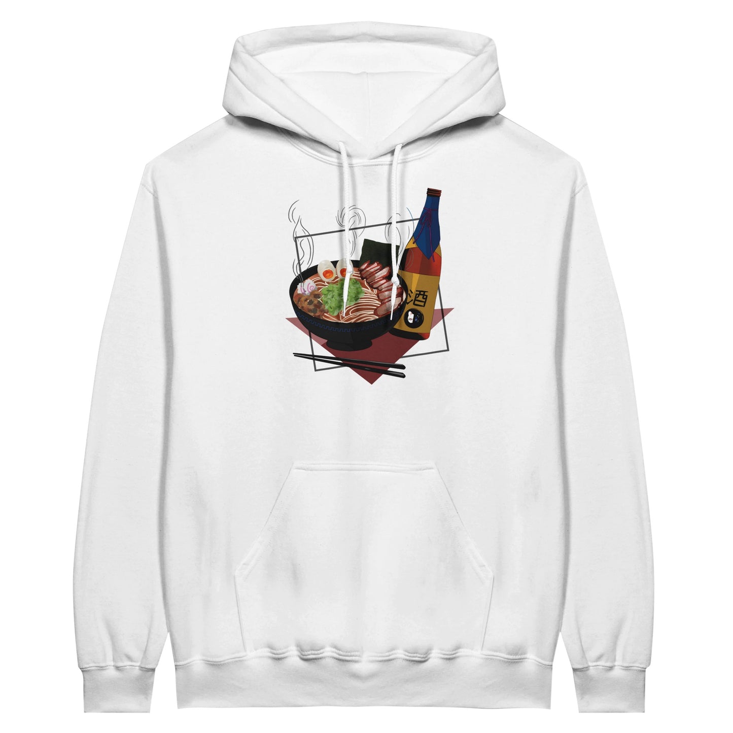 White value hoodie featuring a print of a steaming bowl of ramen with eggs, seaweed, and slices of meat, accompanied by a bottle of sake and chopsticks, set on a red geometric background.