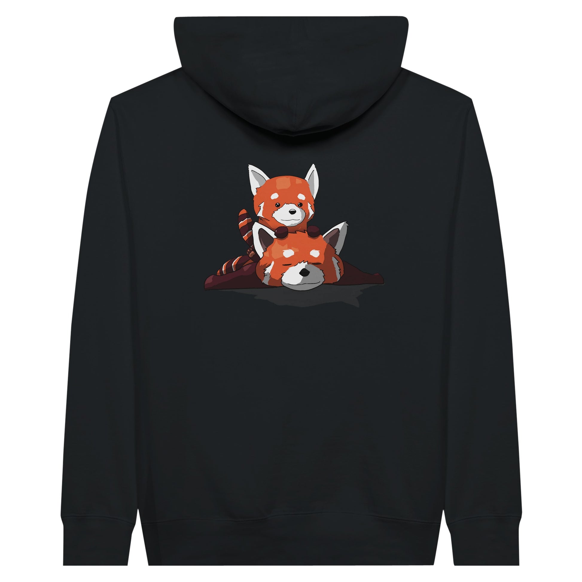 Black premium hoodie featuring a cute print of two red pandas, one lying down with the other resting on its back.