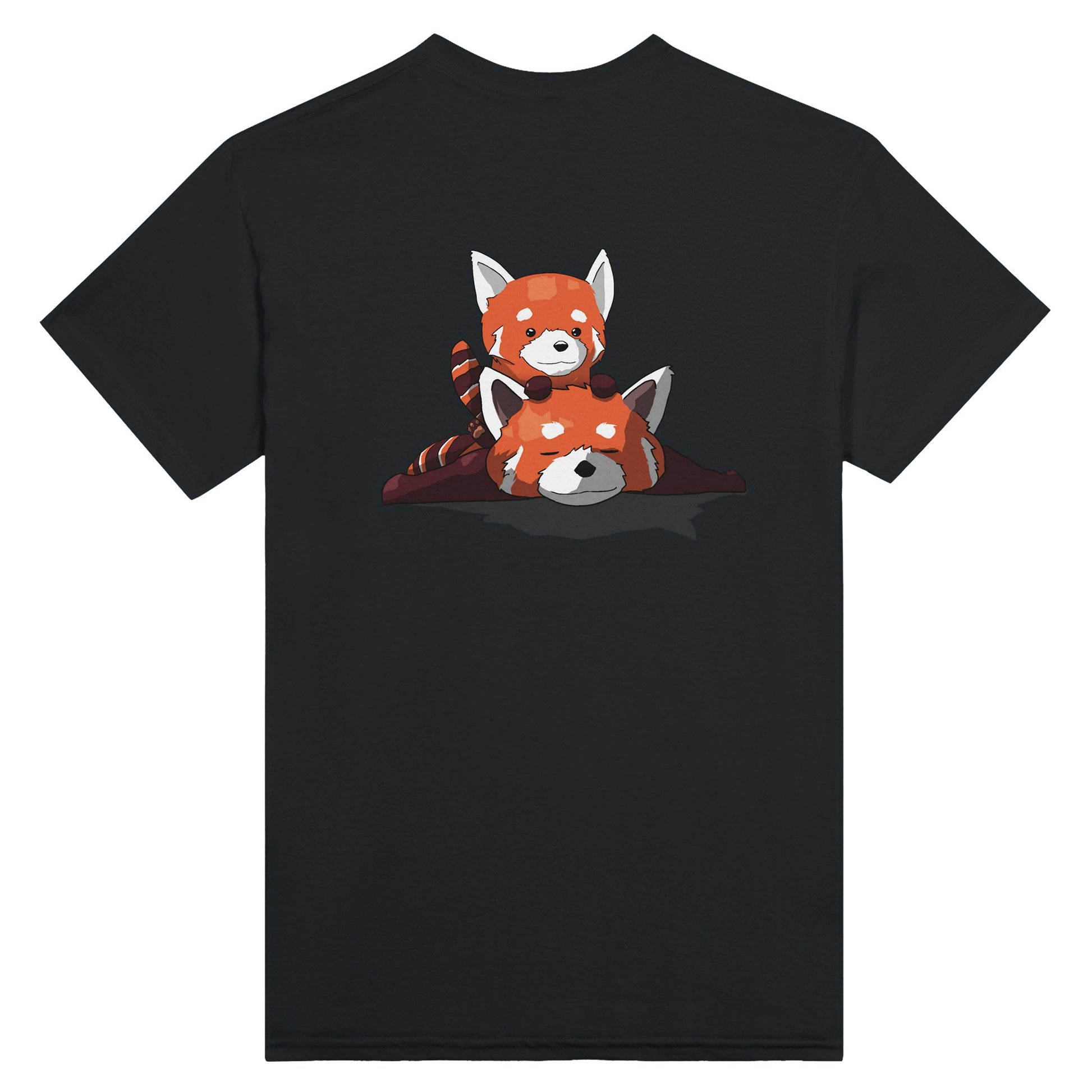 Black T-shirt featuring a cute print of two red pandas, one lying down with the other resting on its back.