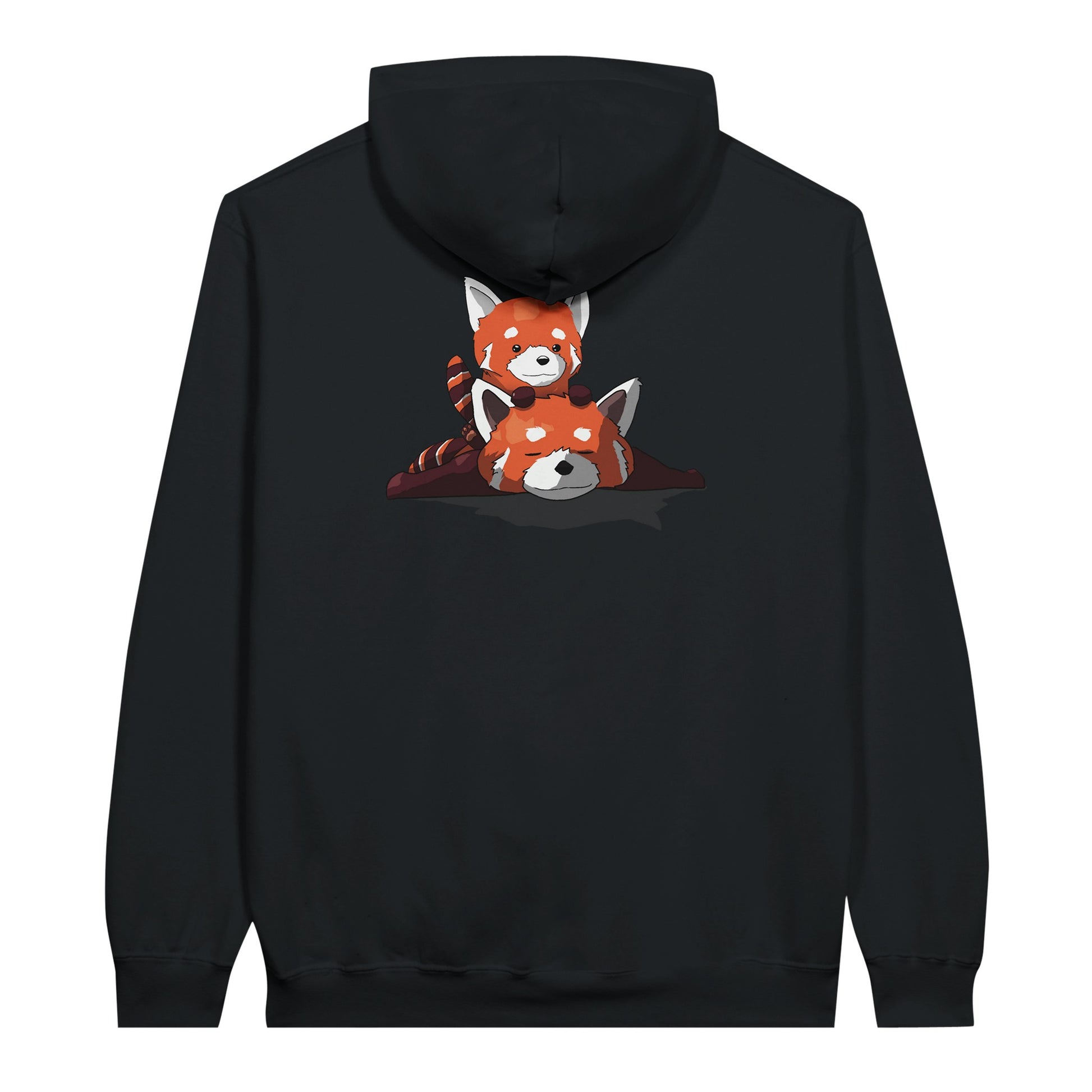 Black value hoodie featuring a cute print of two red pandas, one lying down with the other resting on its back.