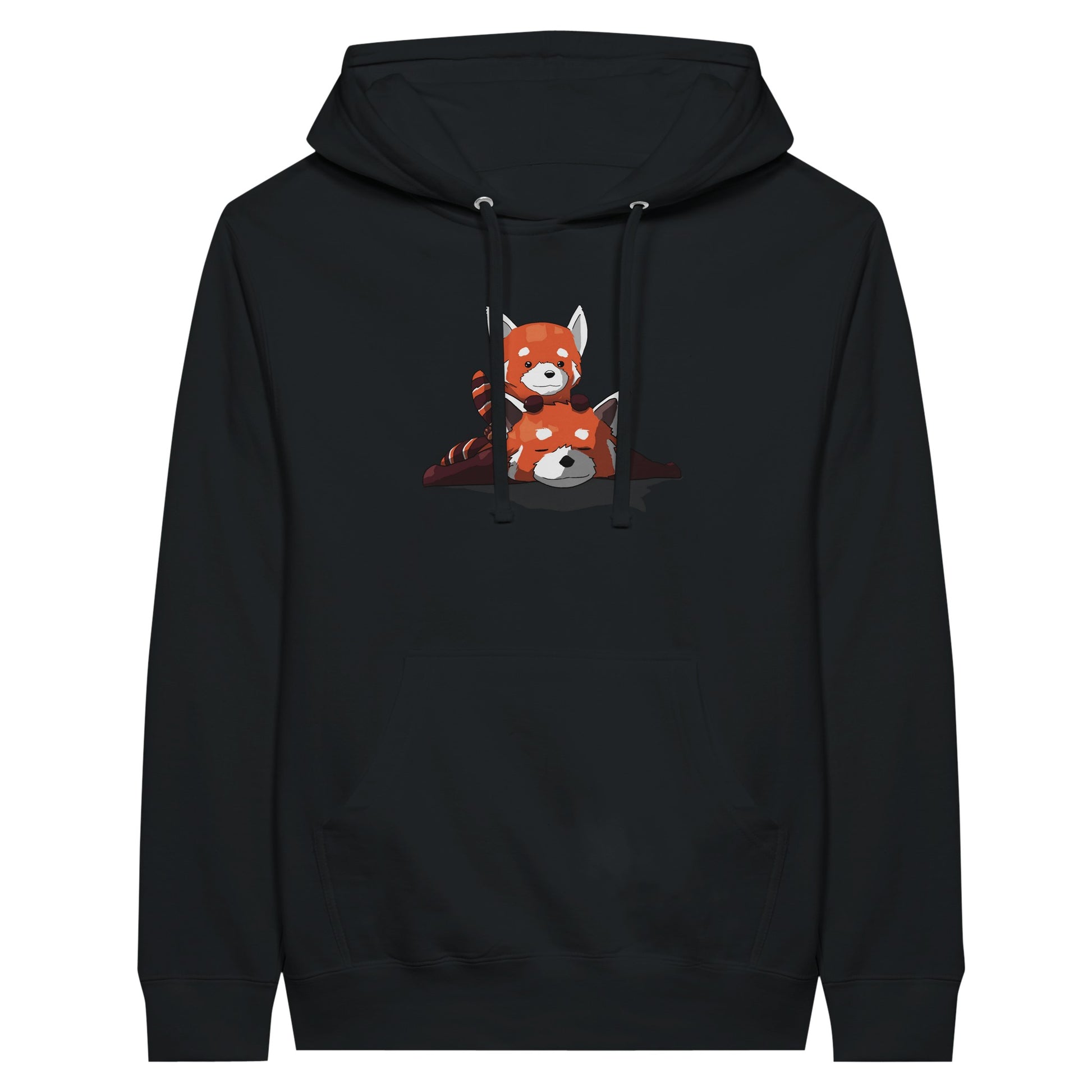 Black premium hoodie featuring a cute print of two red pandas, one lying down with the other resting on its back.