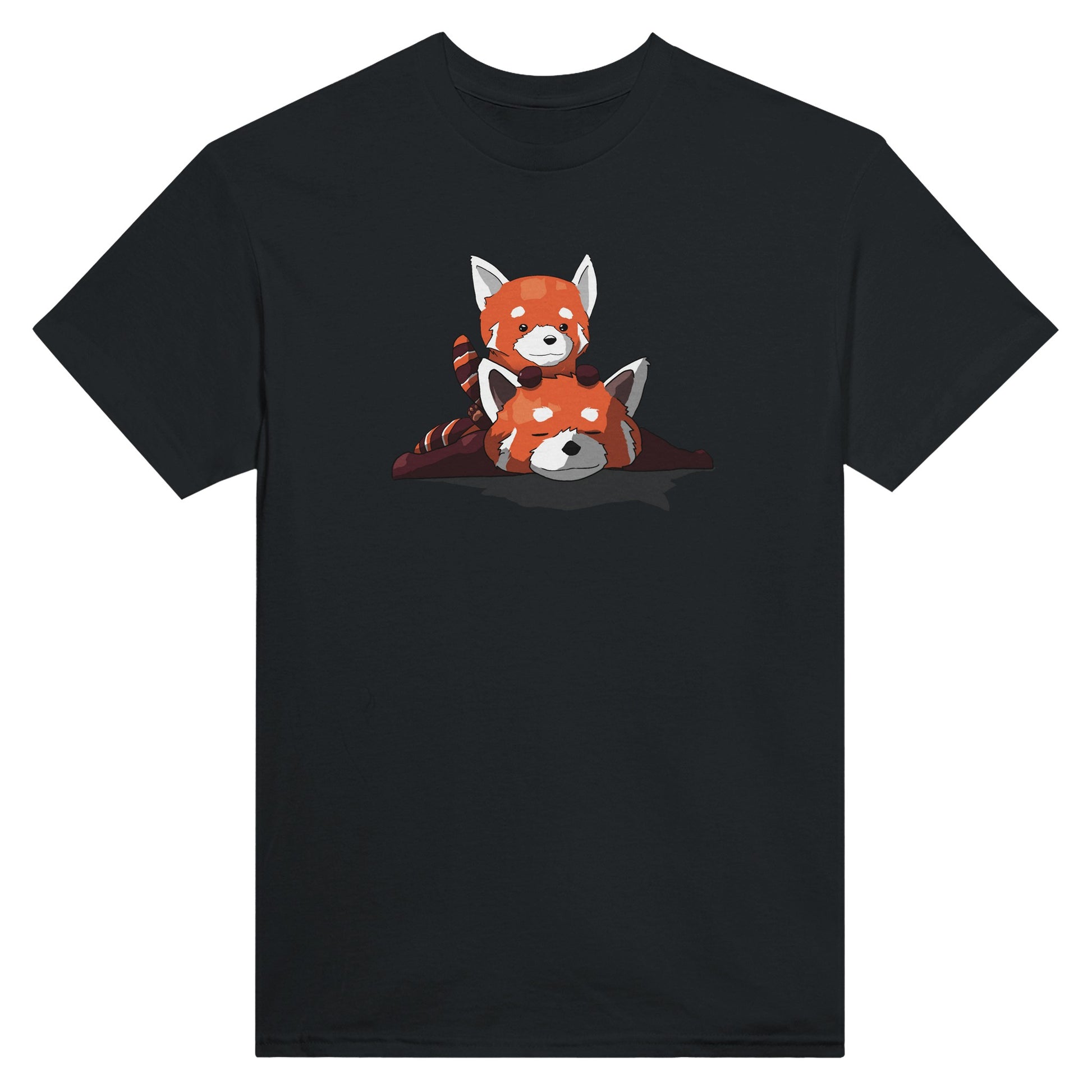 Black T-shirt featuring a cute print of two red pandas, one lying down with the other resting on its back.