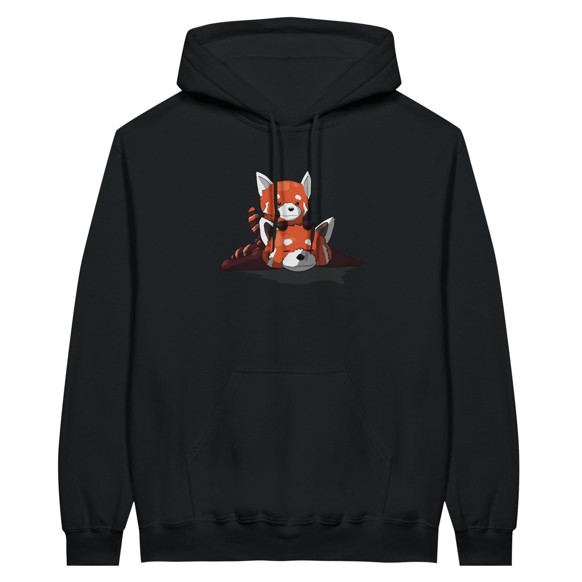 Black value hoodie featuring a cute print of two red pandas, one lying down with the other resting on its back.