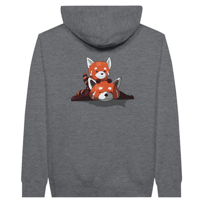 Charcoal heather coloured premium hoodie featuring a cute print of two red pandas, one lying down with the other resting on its back.