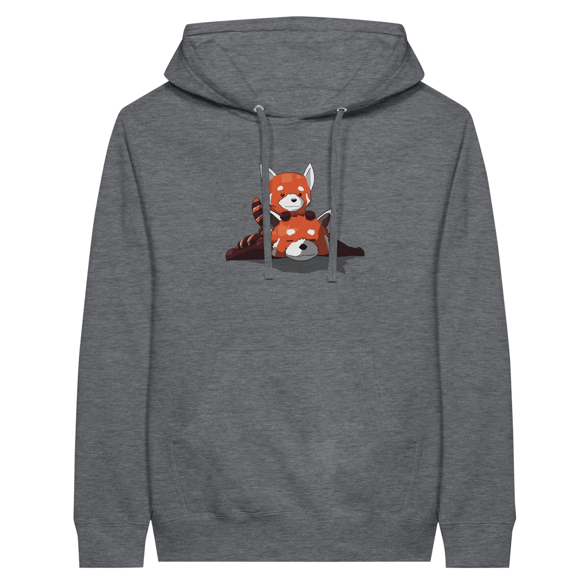 Charcoal heather coloured premium hoodie featuring a cute print of two red pandas, one lying down with the other resting on its back.