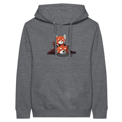 Charcoal heather coloured premium hoodie featuring a cute print of two red pandas, one lying down with the other resting on its back.