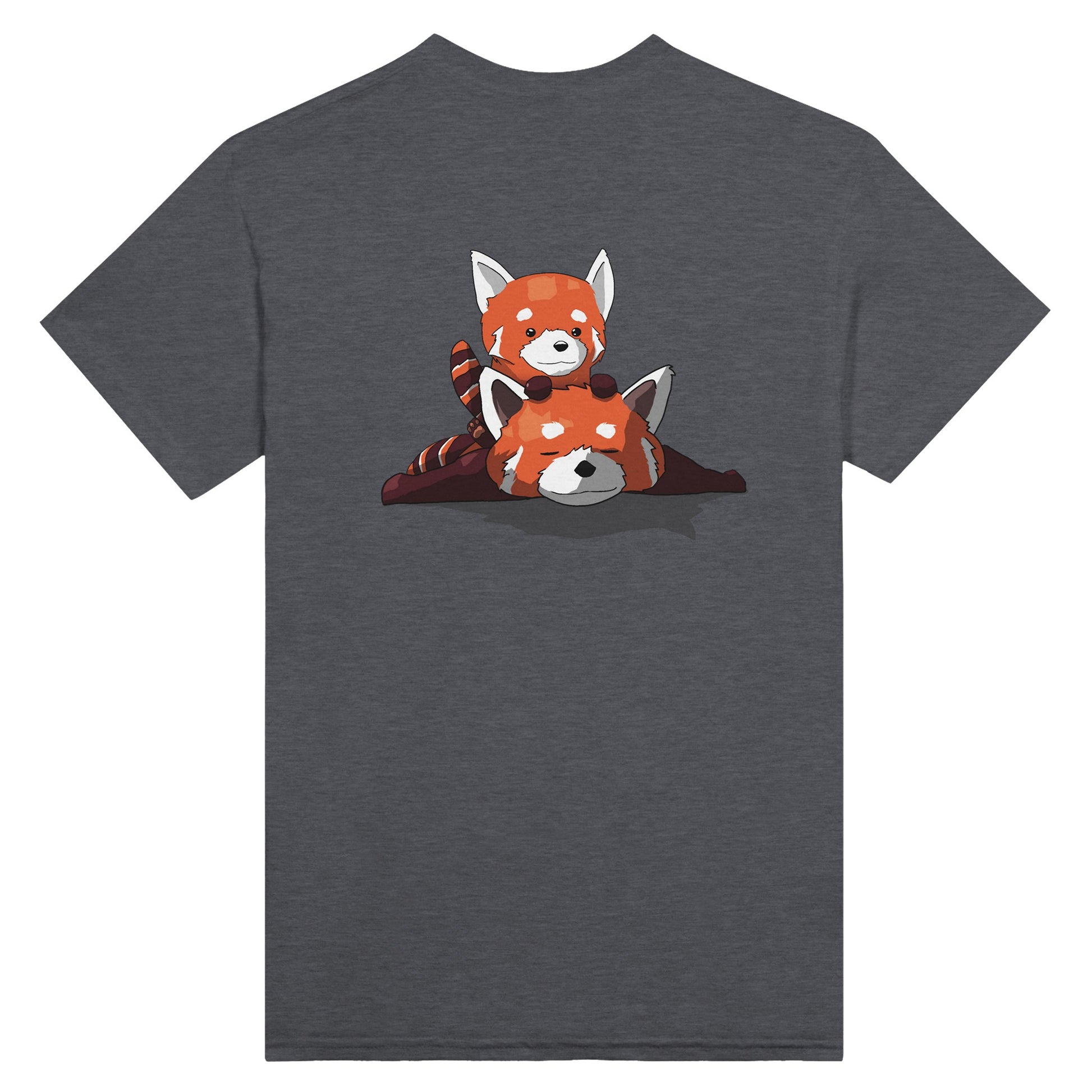 Dark heather coloured t-shirt featuring a cute print of two red pandas, one lying down with the other resting on its back.