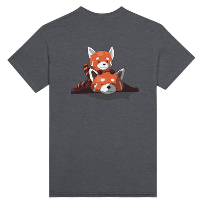 Dark heather coloured t-shirt featuring a cute print of two red pandas, one lying down with the other resting on its back.