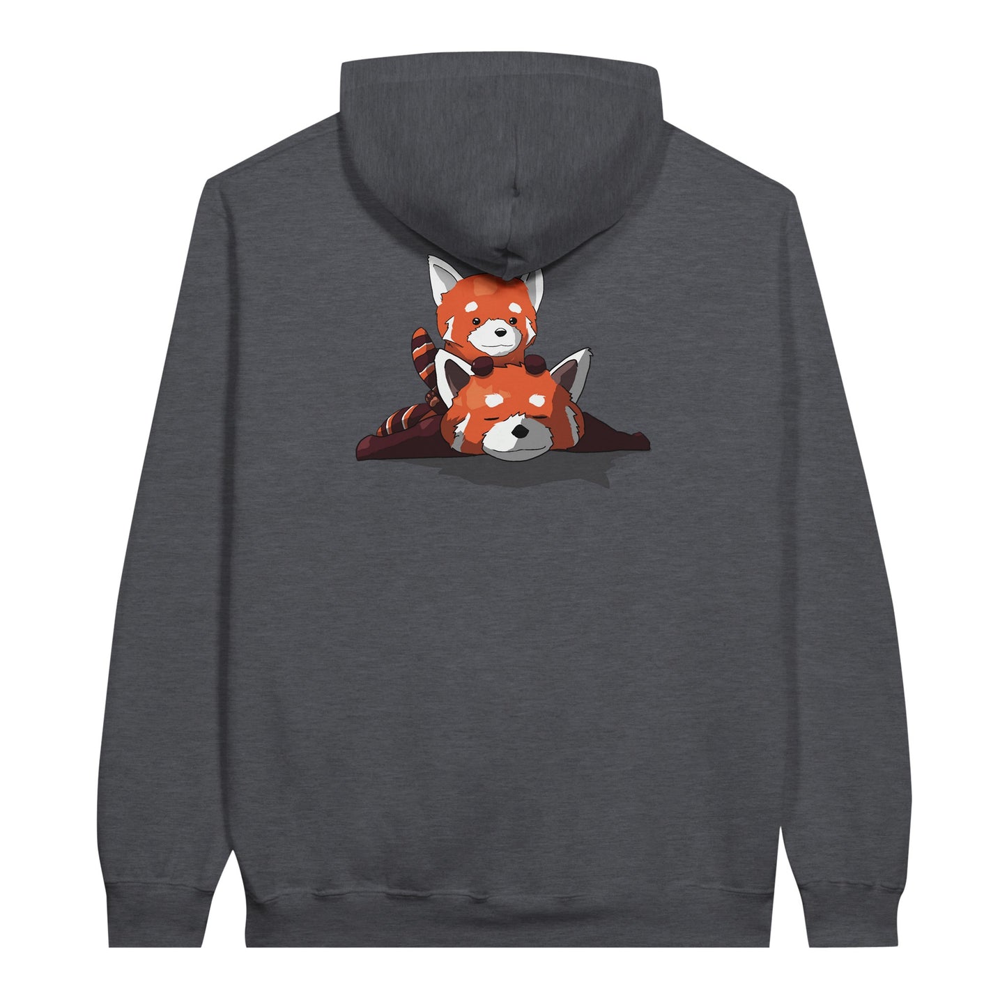 Dark heather coloured value hoodie featuring a cute print of two red pandas, one lying down with the other resting on its back.