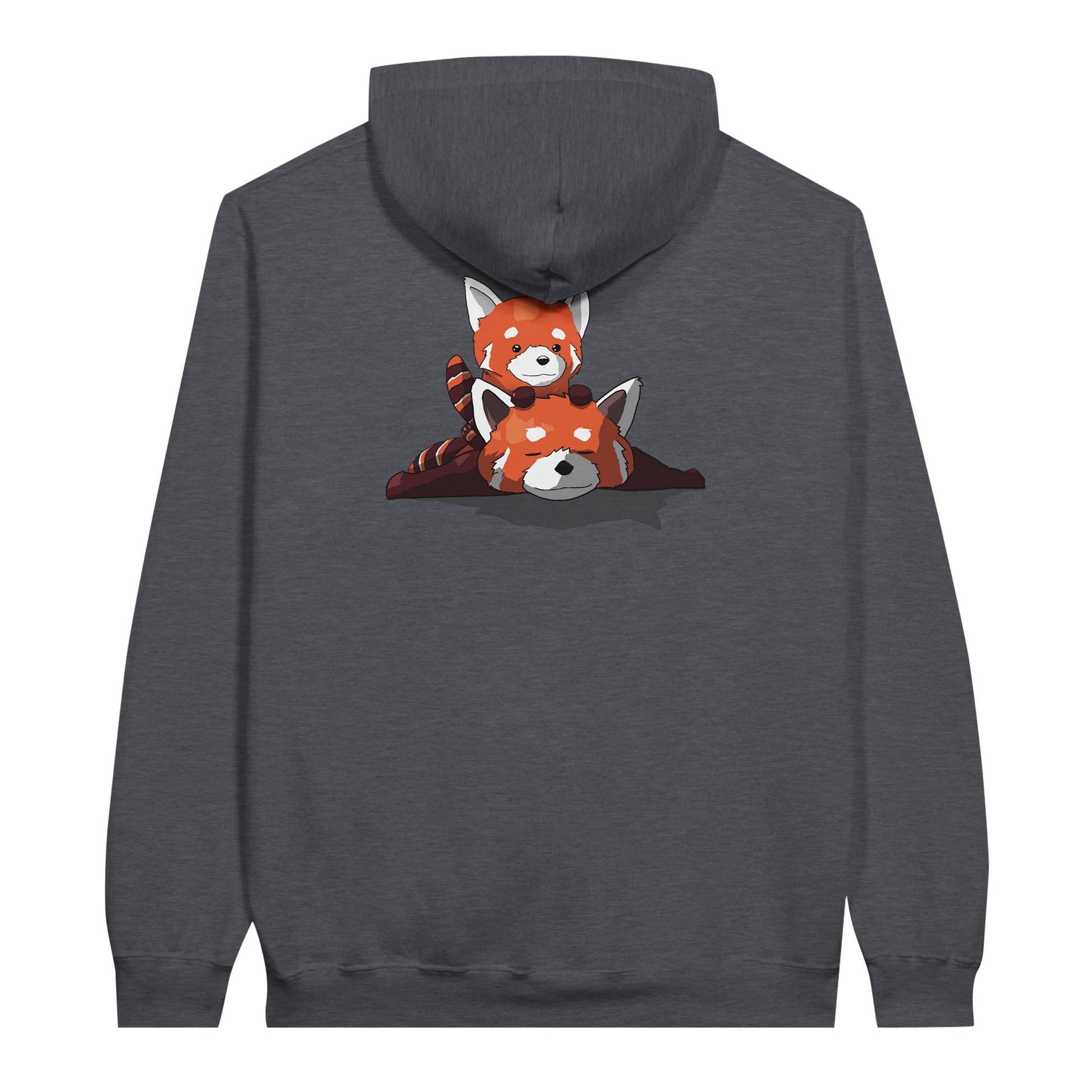 Dark heather coloured value hoodie featuring a cute print of two red pandas, one lying down with the other resting on its back.