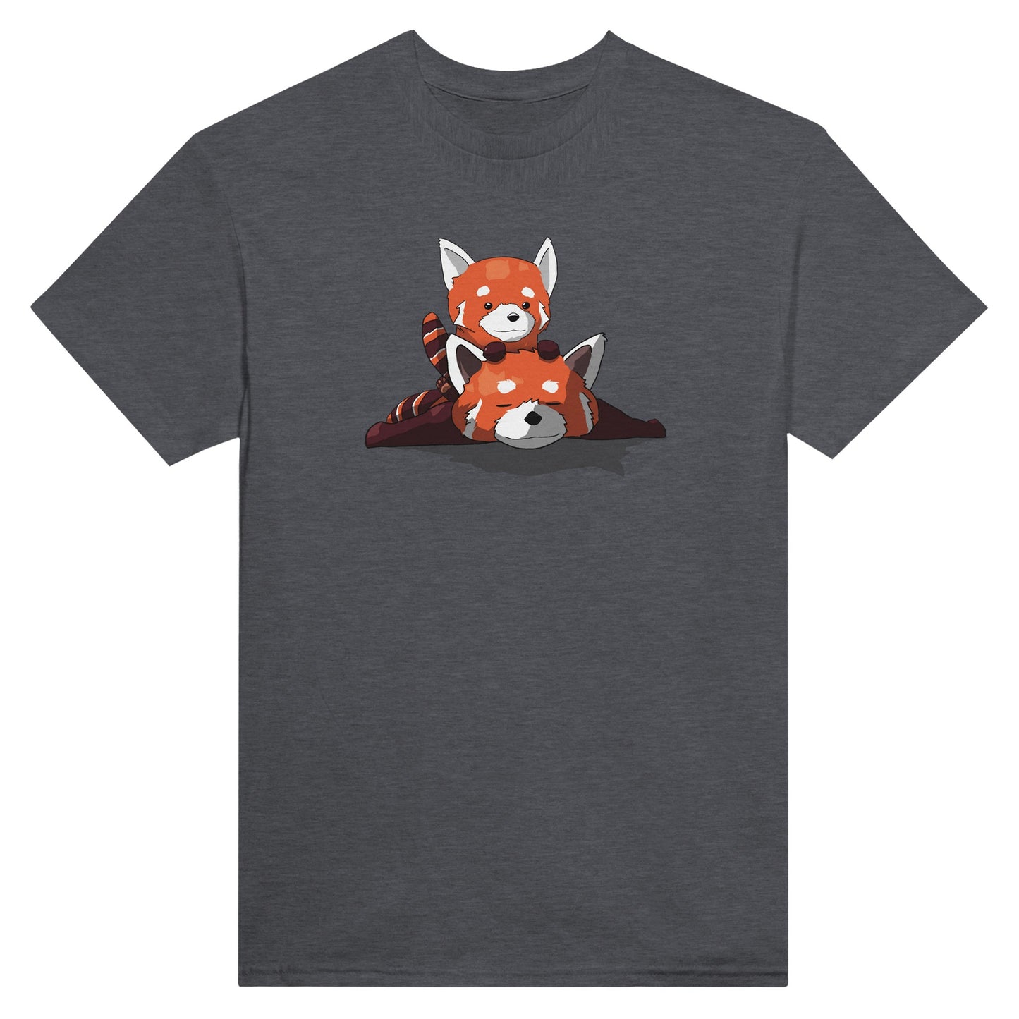 Dark heather coloured t-shirt featuring a cute print of two red pandas, one lying down with the other resting on its back.