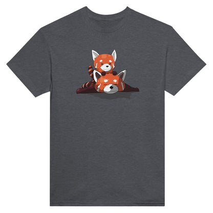 Dark heather coloured t-shirt featuring a cute print of two red pandas, one lying down with the other resting on its back.