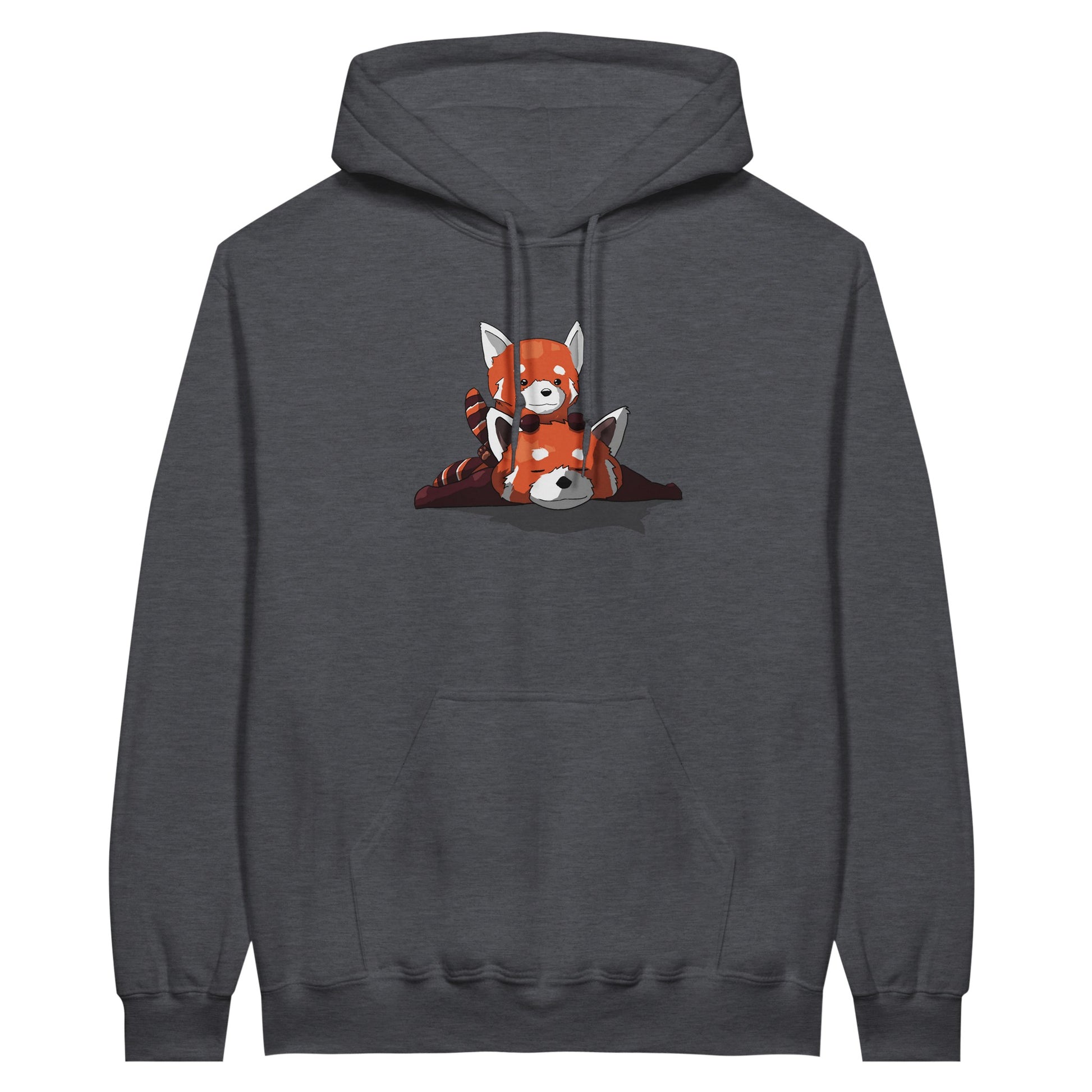 Dark heather coloured value hoodie featuring a cute print of two red pandas, one lying down with the other resting on its back.