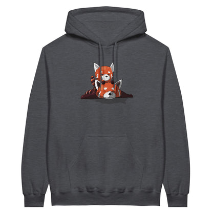 Dark heather coloured value hoodie featuring a cute print of two red pandas, one lying down with the other resting on its back.