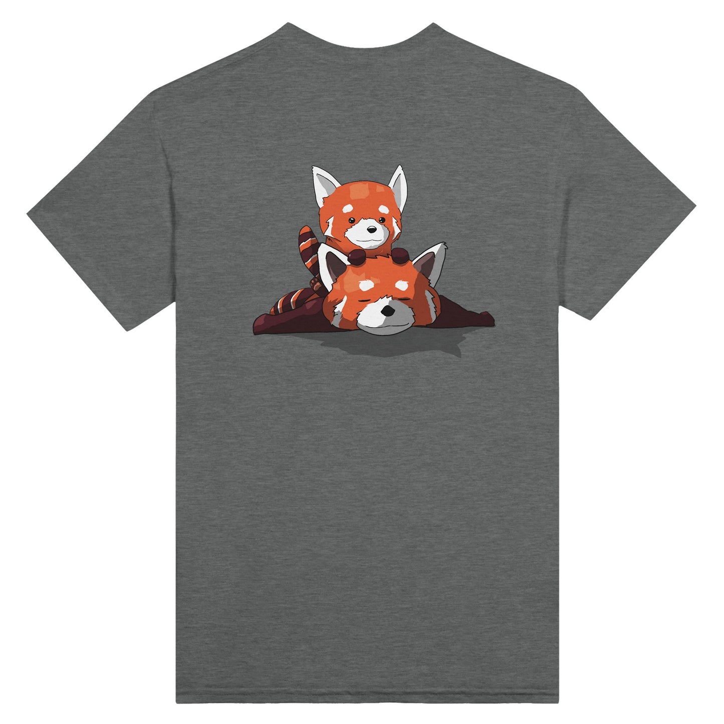 Graphite heather coloured t-shirt featuring a cute print of two red pandas, one lying down with the other resting on its back.