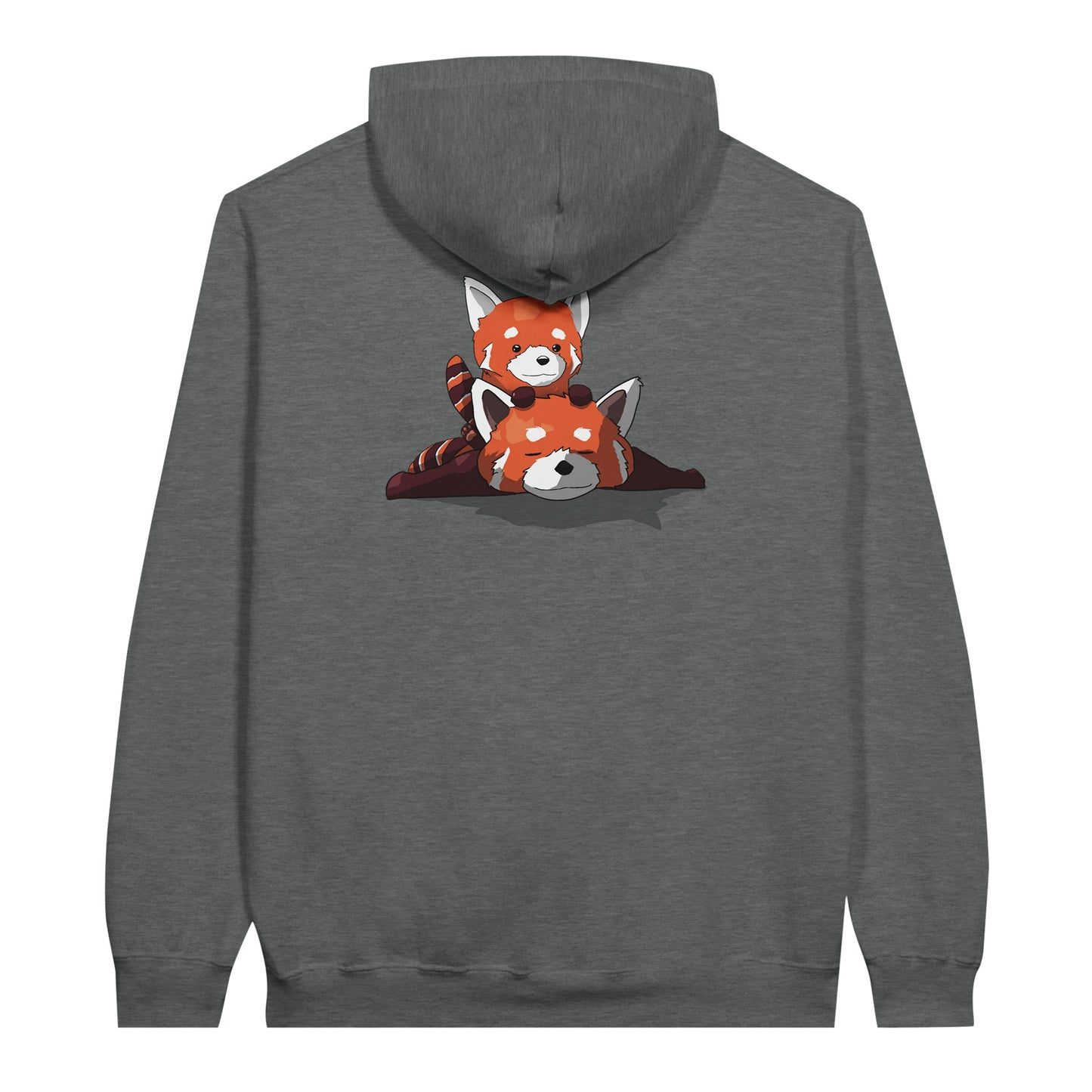 Graphite heather coloured value hoodie featuring a cute print of two red pandas, one lying down with the other resting on its back.