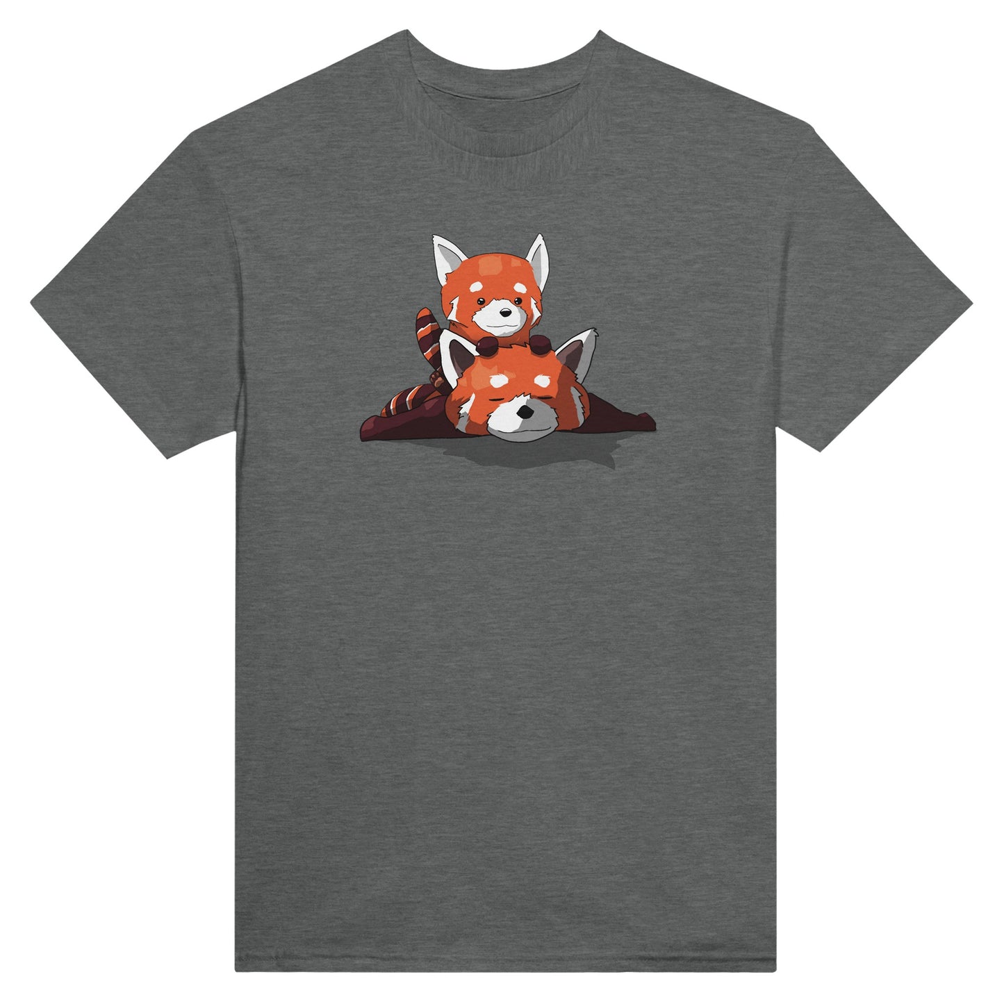 Graphite heather coloured t-shirt featuring a cute print of two red pandas, one lying down with the other resting on its back.